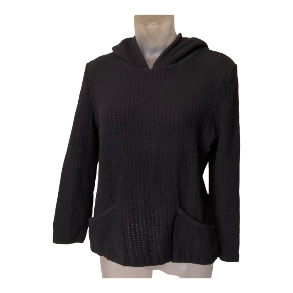 ST.JOHN SPORT Size M Black Open Knit Hooded Pullover Sweater Minimalist